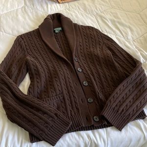 Ralph Lauren brown cable kit shawl collared sweater size M color brown